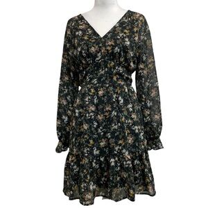 Black Tape Black Floral Garden Long Sleeve Tiered Mini Dress
